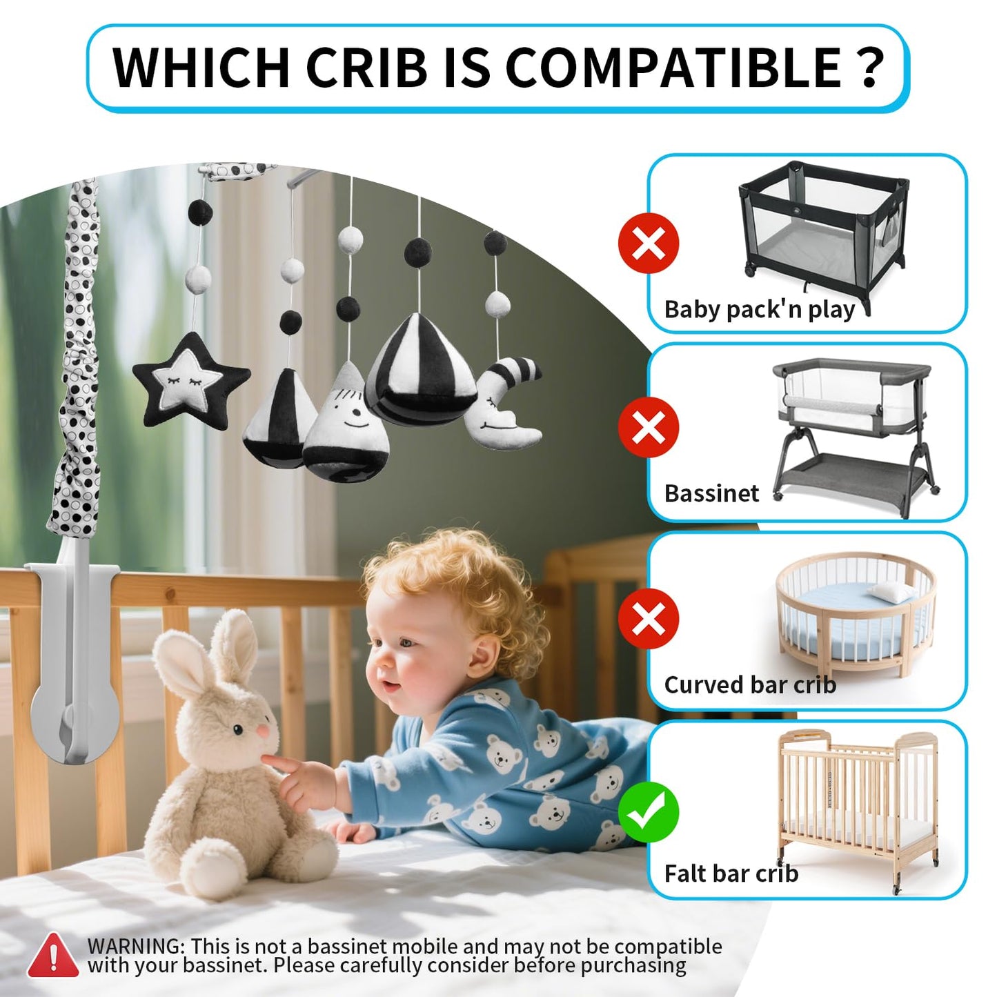 FEISIKE Baby Crib Mobile, Crib Toys Hanging with 35 Lullabies, 3 Modes Digital Musical Box（Turn Only, Music Only, Turn & Music Newborn Baby Toys Black/White for Boys and Grils