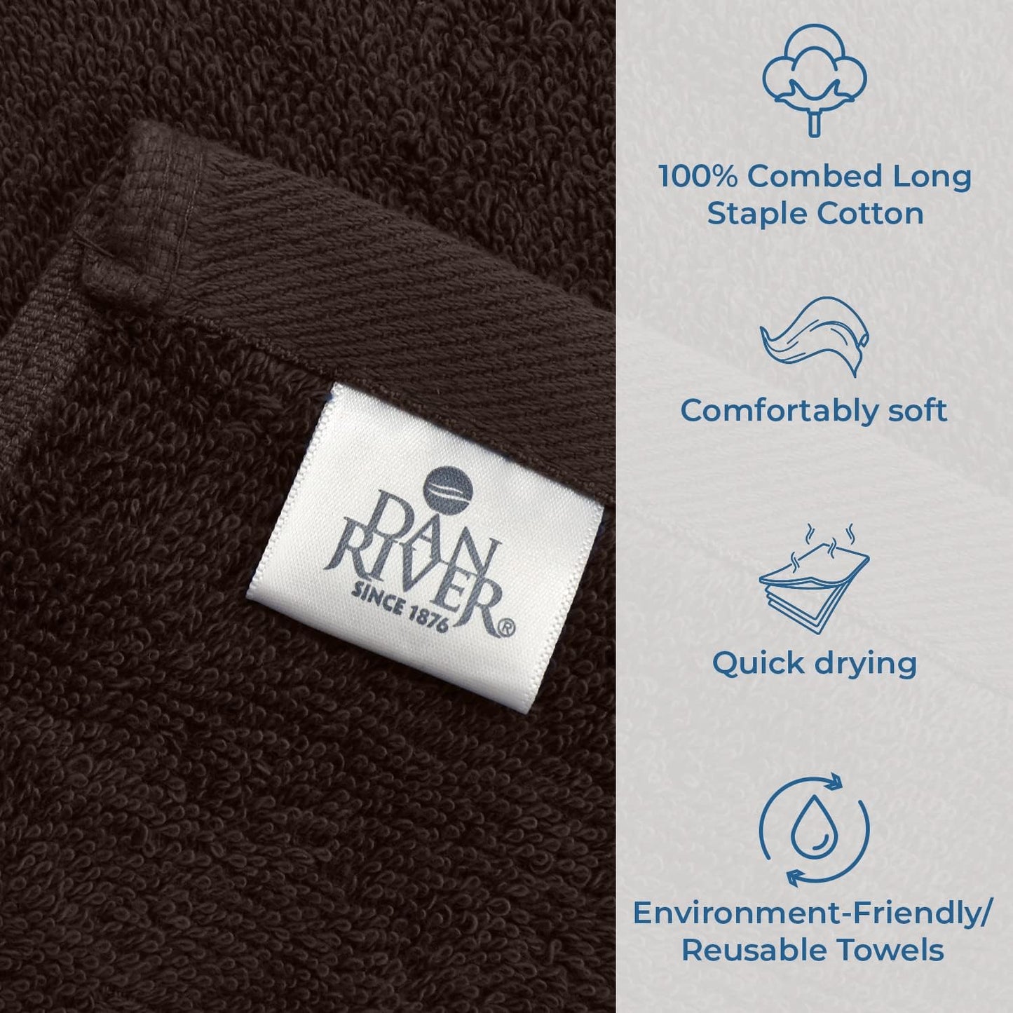 DAN RIVER Bath Towels Set of 4, 27 x 54 Inches, 100% Cotton, Larger & Lighter Weight, Quicker to Dry, Super Soft and Absorbent, Ideal Bathroom Towels for Daily Use, Brown
