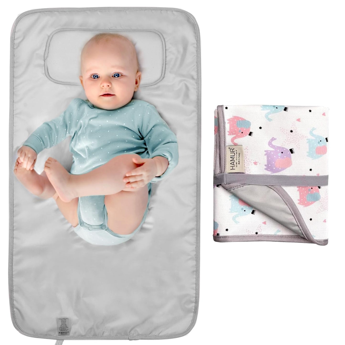 Hamur Home Portable Changing Pad – Waterproof, Washable & Easy Wipe Clean, Foldable Travel Baby Changing Mat for Diaper Bag, Compact & Lightweight, Must-Have for Newborns (Elephant Pattern)