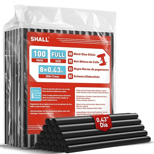 SHALL Full Size Hot Glue Sticks, 0.43” Dia x 8” Long, 100 Pack Black Glue Gun