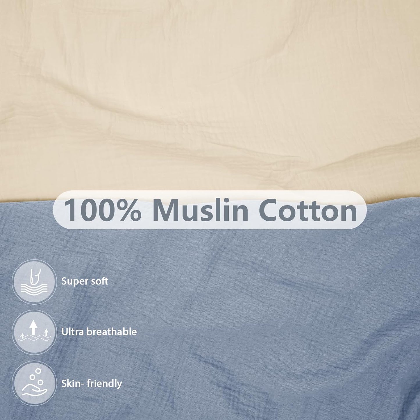 2 Pack Soft Muslin Baby Mini Crib Sheets, 100% Cotton Breathable Double Layer Fitted Sheets for Mini Crib and Pack N Play Mattresses 24x38 Inches, for Baby Girls and Boys (Beige & Grey