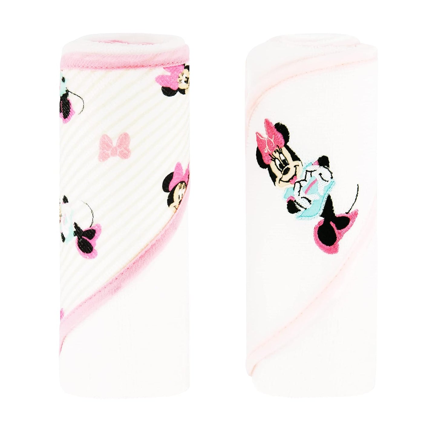 Disney Cudlie Baby Girl Minnie Mouse 2 Pack Rolled/Carded Hooded Towels in Tiny Stripe Print