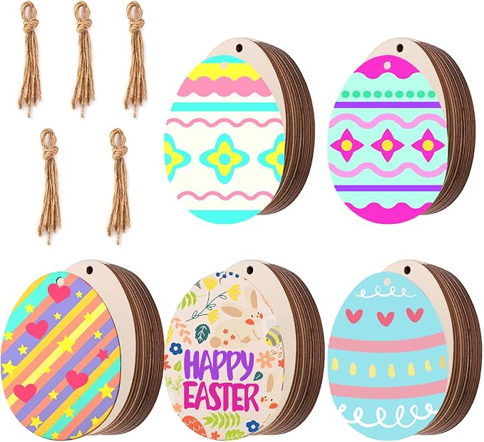 Eggs Shape 50Pcs Unfinished Wooden Easter Ornaments DIY Craft Present-50-Pack
