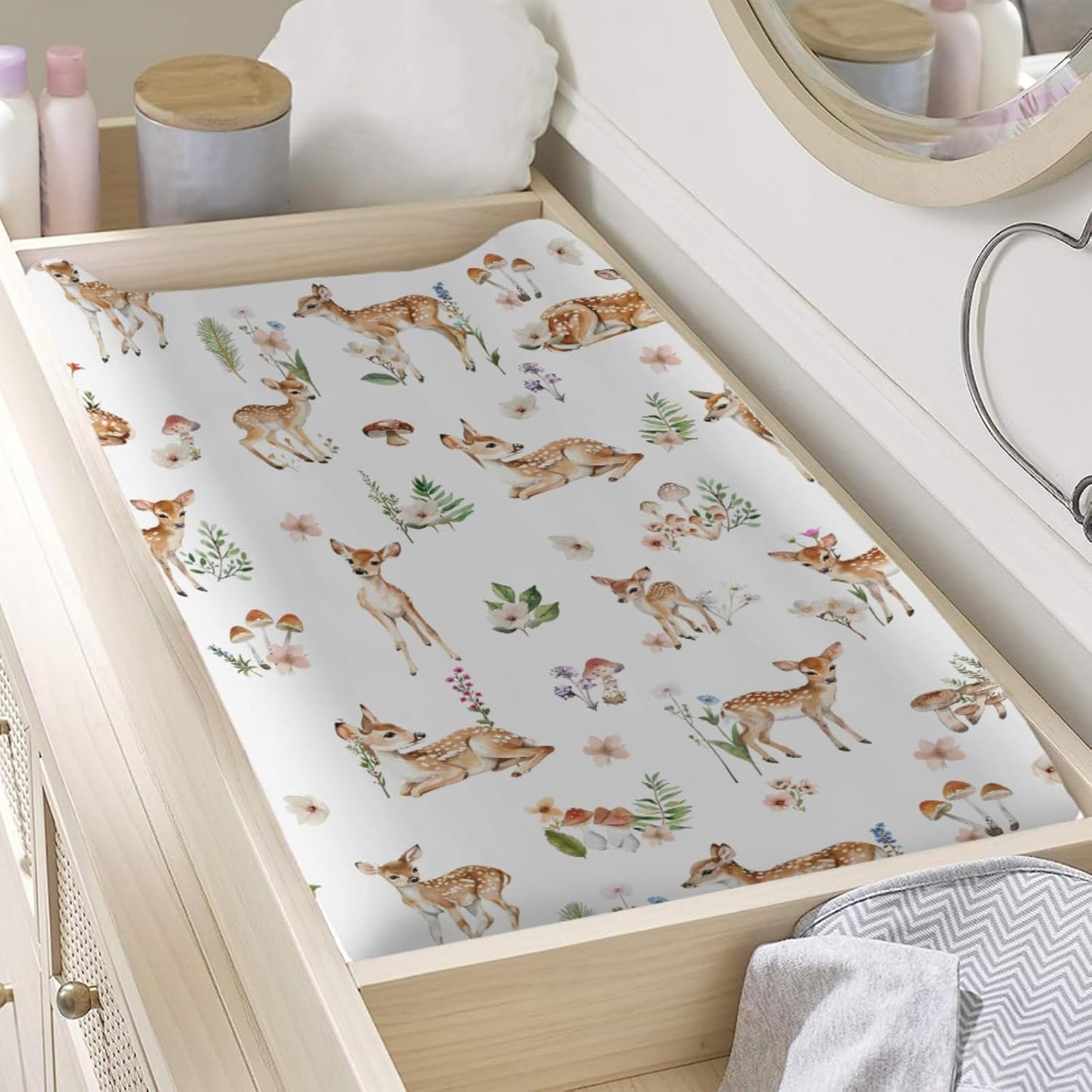 Spring Animal Changing Pad Cover Deer Mushroom Flowers Leaves Forest Baby Nursery Diaper Changing Pad Sheets for Boy Girl Soft Breathable Stretch Fitted Changing Table Sheets Mats 32''x16''
