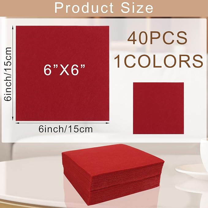 40 Pcs Stiff Felt Fabric Sheet for Crafts, 1mm Thick and 6”x6”Red Felt Fabric