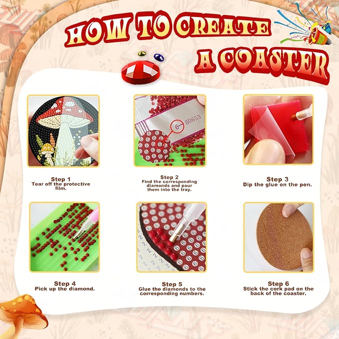 EWJRNSF 8 PCS Mushroom 5D Diamond Painting Coasters DIY Kit