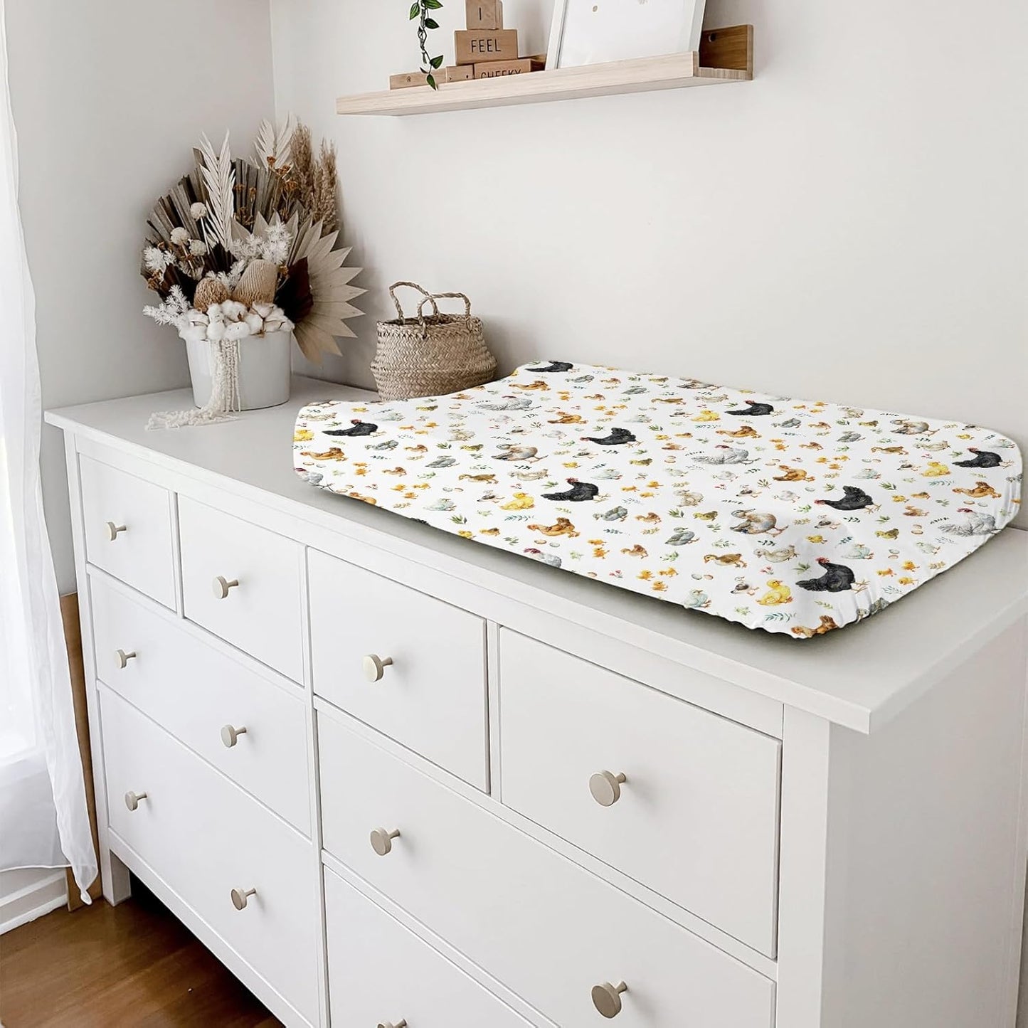 Spring Farm Animals Boho Leaves Changing Pad Covers Chick Rooster Hen Duck Eggs Baby Diaper Changing Pad Cover for Boy Girl Soft Breathable Stretchy Baby Changing Table Sheets Mats 32''x16''