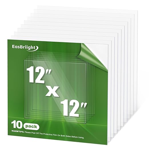 10-Pack of 12×12"×0.02" PET/Plexiglass Sheets, Transparent Flexible Plastic