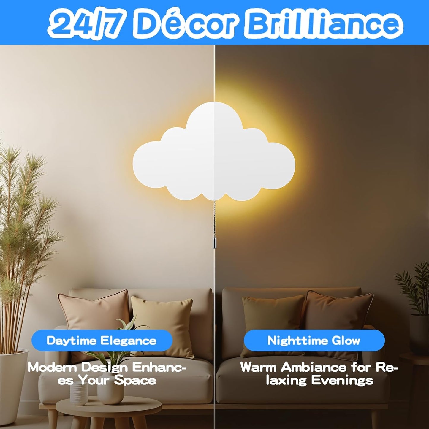 Cloud Light - Battery-Powered Wall Lamp for Nursery, Kids Bedroom & Baby Room, 3000K Warm Night Light with Pull-String Switch, Cordless 3.7V, Lightweight 33x20cm (No Charging Needed)