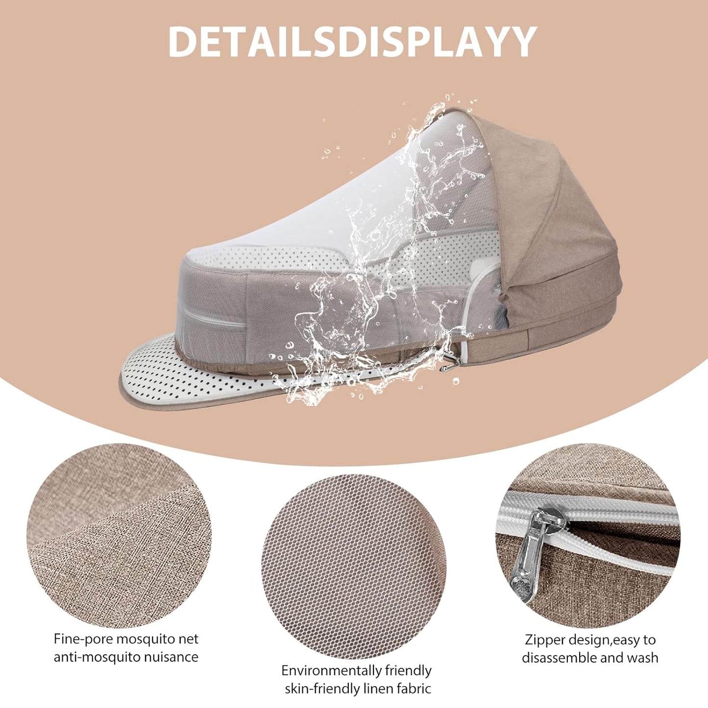 Portable Bassinet for Baby Travel Lounger Foldable Baby Co-Sleeping Bed with Mosquito net + Cool mat Carry Bag & Storage Pocket (Khaki)