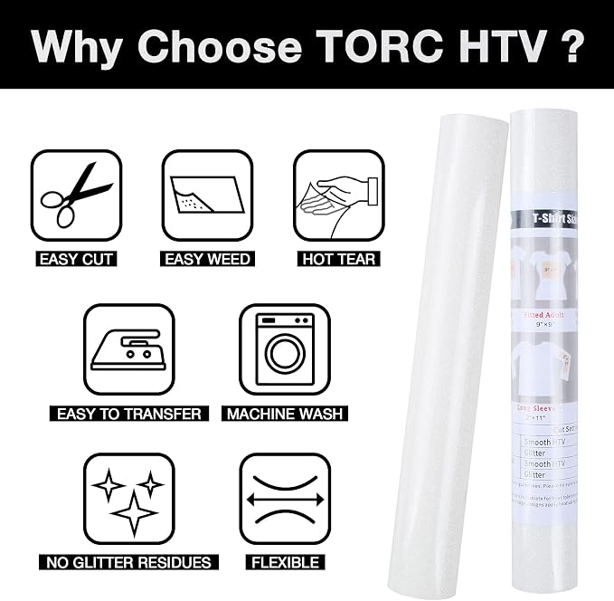TORC White Glitter HTV Heat Transfer Vinyl Roll 12 inch x 5 ft Iron on Vinyl
