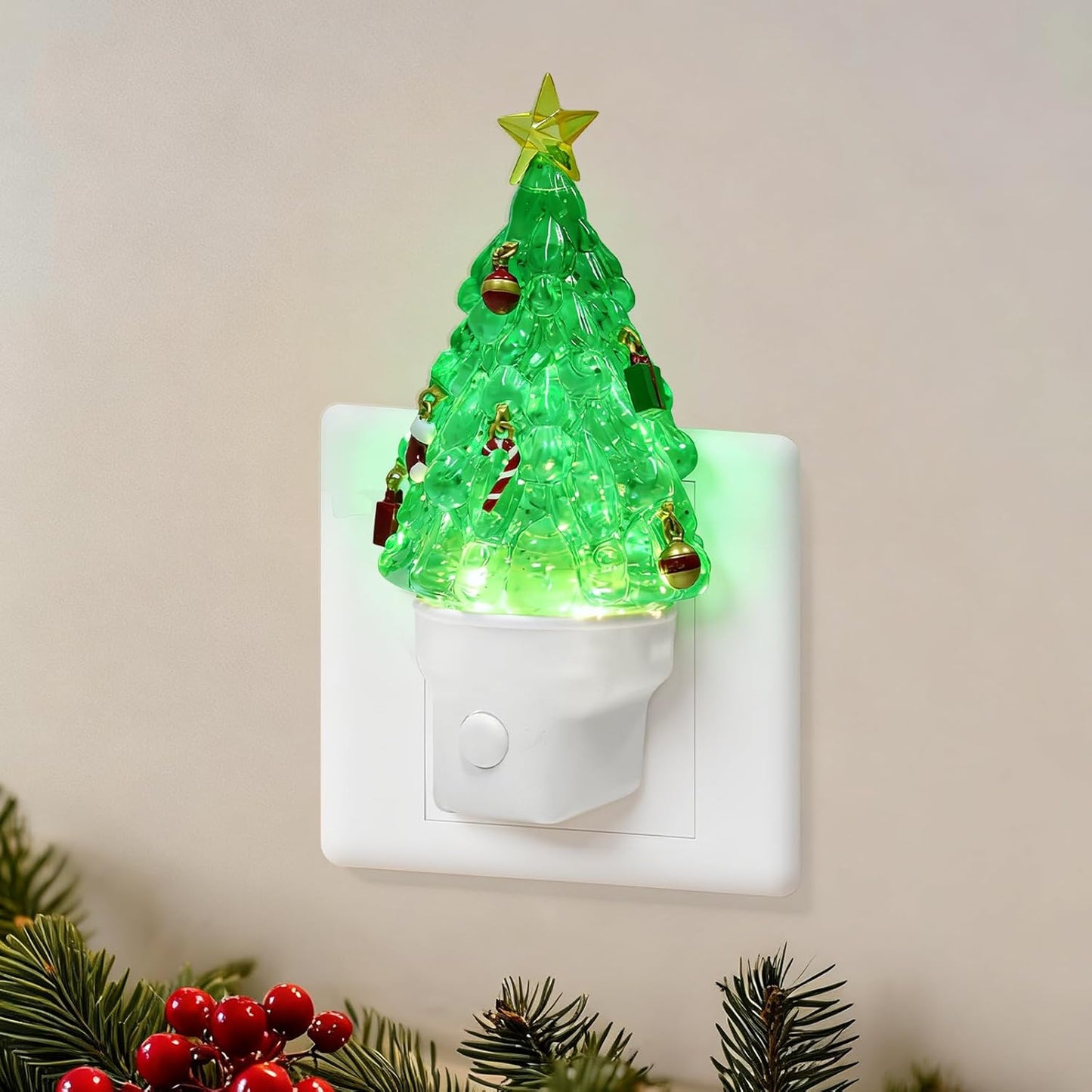 Christmas Tree Night Light Plug into Wall Glitter Water Nightlight with USB/Outlet Options, Christmas Tree Decorative Nightlight for Bedroom Kitchen Nursery Hallway Holiday Decorations Gifts (Tree)