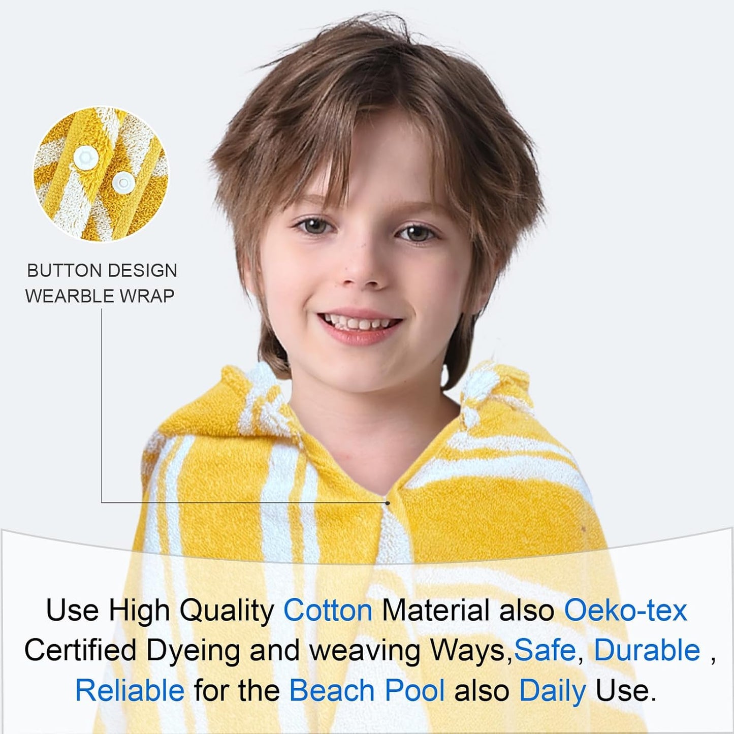 VOOVA & MOVAS Hooded Bath Towels for Kids (3-10Years,27.5"x55"),100% Cotton Absorbent Soft Towel Wrap for Toddler Boys,Perfect for Bathroom | Pool | Beach | Swimming, Jacquard Yellow Stripe