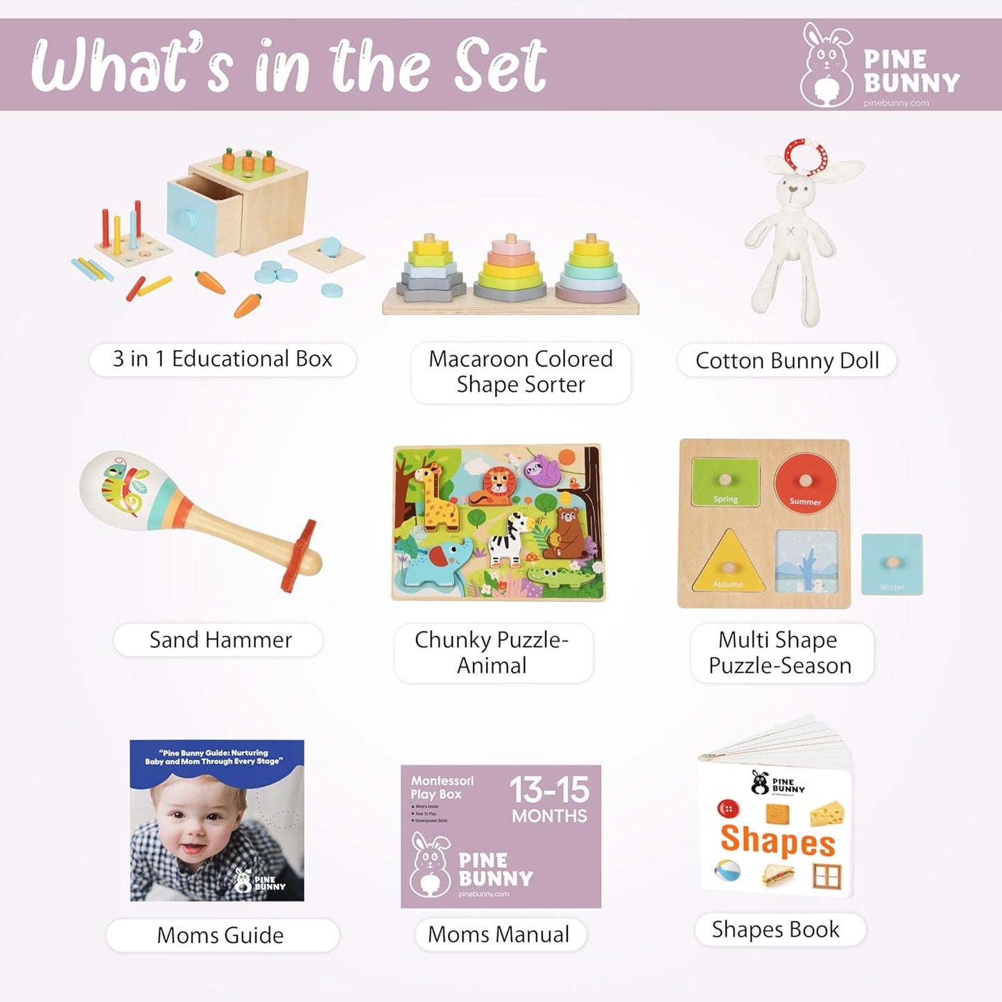 Pine Bunny Montessori Wooden 11-in-1 Toy Set for 13+ Months 3-in-1 Coins Carrots Matchsticks box Shape Sorter Bunny Doll Sand Hammer Animal Puzzle Educational Learning and Problem Solving Toddler Toys