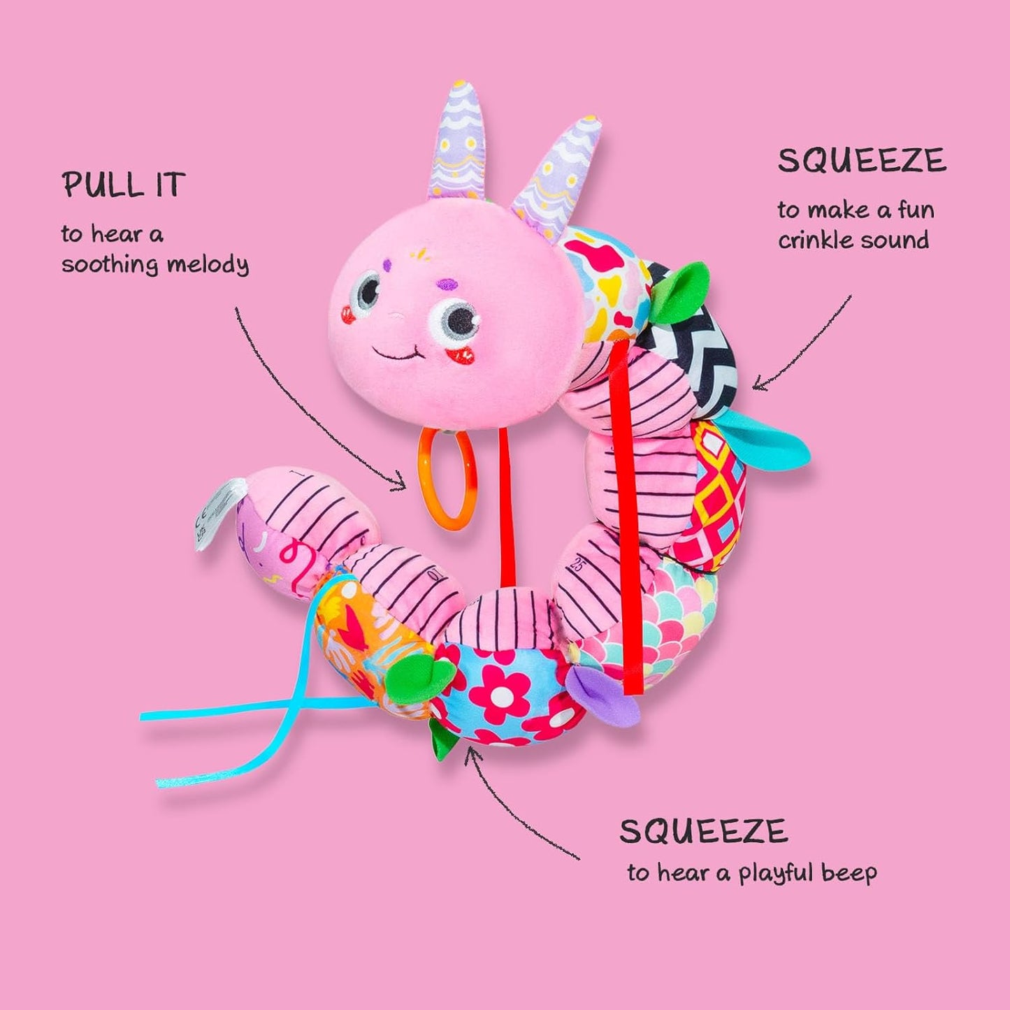 Infinno Baby Musical Stuffed Sensory Toys for Girls and Boys, Infant Soft Security Toys for Newborns 0-3-6-12 Months with Crinkle and Rattles, Caterpillar, Pink
