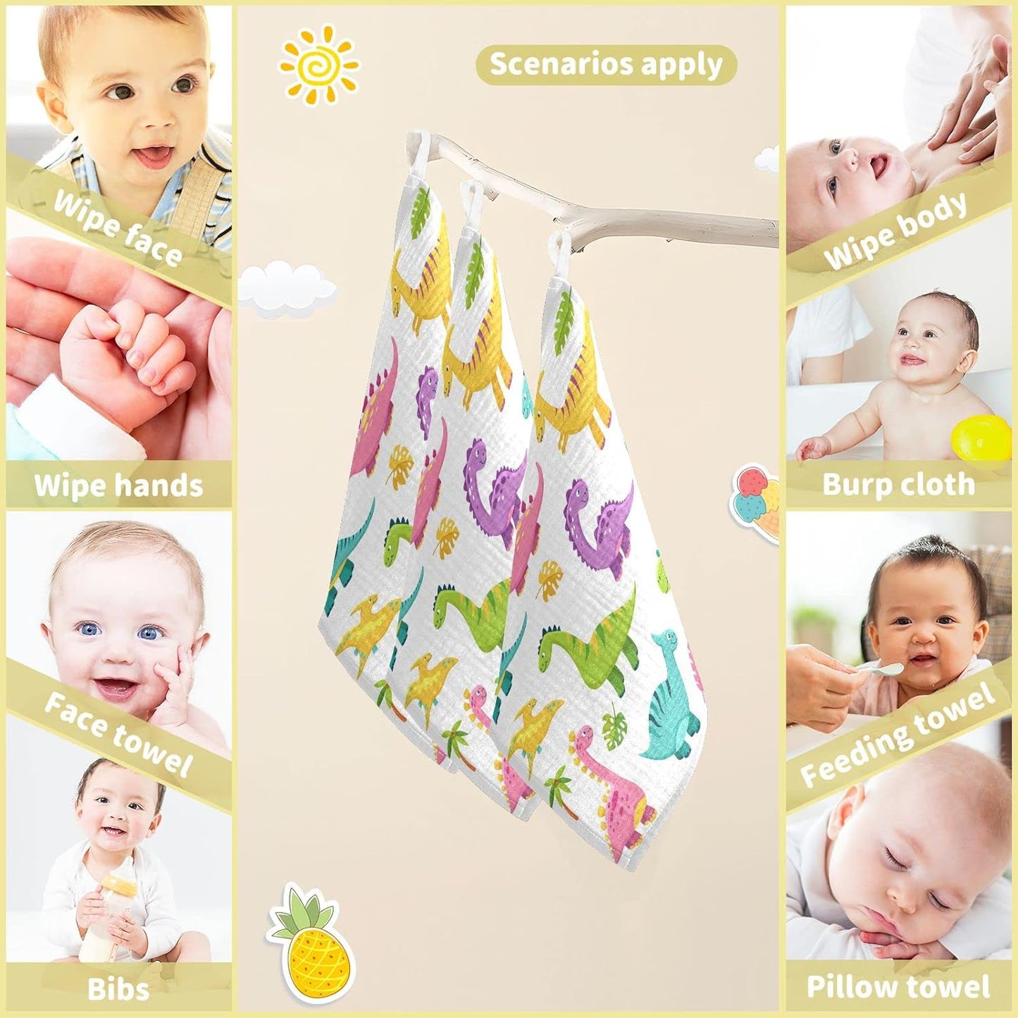 Cartoon Dinosaur Baby Muslin Washcloths Cute Burp Cloths Soft Absorbent Baby Wash Cloth Fingertip Face Towels for Newborn Boys Girls 12 x 12 in, 5 Pack