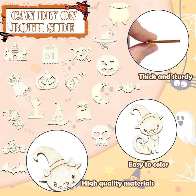 200 Pcs Unfinished Wooden Halloween Cutouts, Wooden Crafts