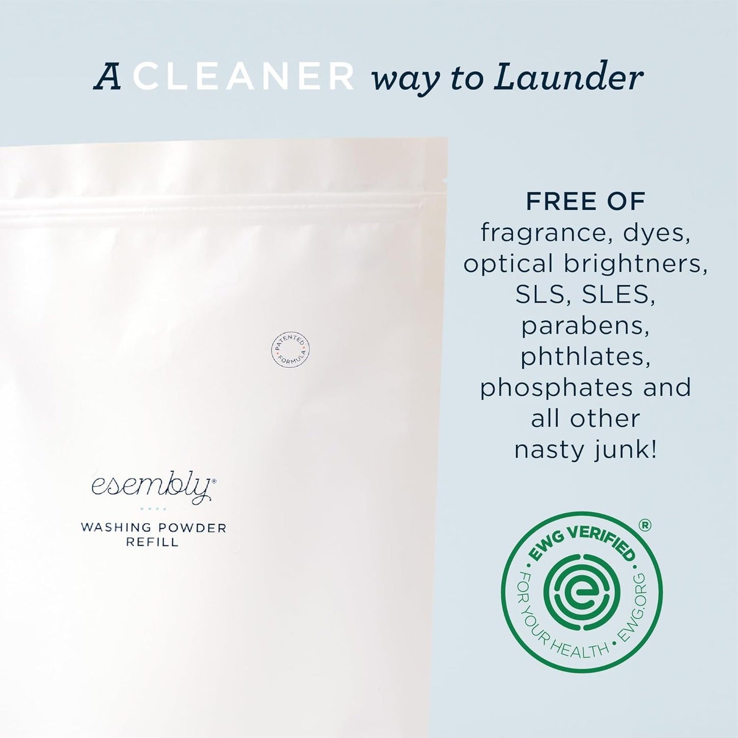 Esembly Laundry Washing Powder – HE Mineral Based Detergent for All Household Laundry and Cloth Diapers – Patented, Fragrance-Free, EWG Verified, Earth-Friendly, (6lb Refill Bag No Scoop)