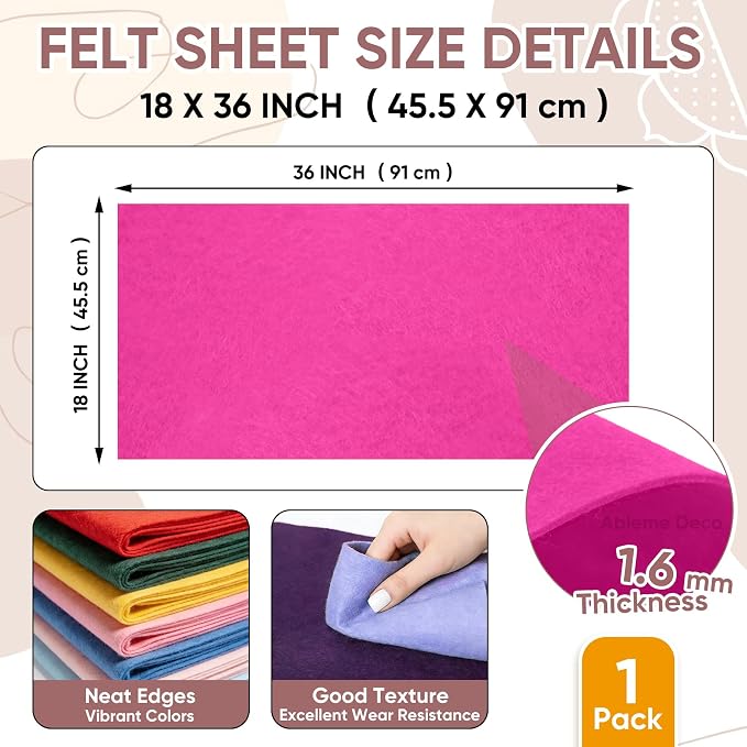 Soft Felt Fabric Sheet 18" x 36", 1.6mm Acrylic Craft Felt, Fuchsia | Soft