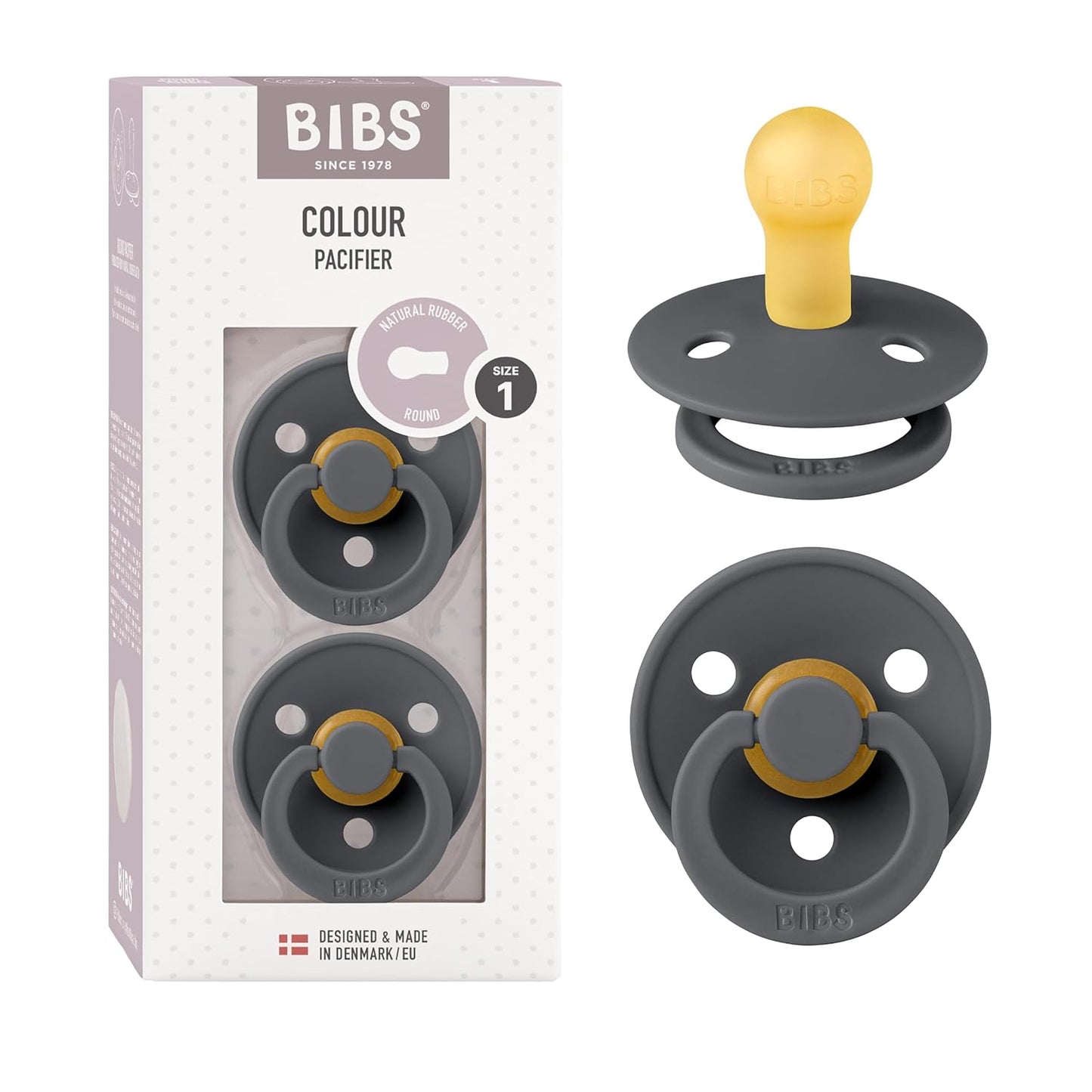 BIBS Pacifiers Colour Collection | Natural Rubber Baby Pacifier | Set of 2 BPA-Free Soothers | Made in Denmark | 0+ Months (Pack of 2) | Iron