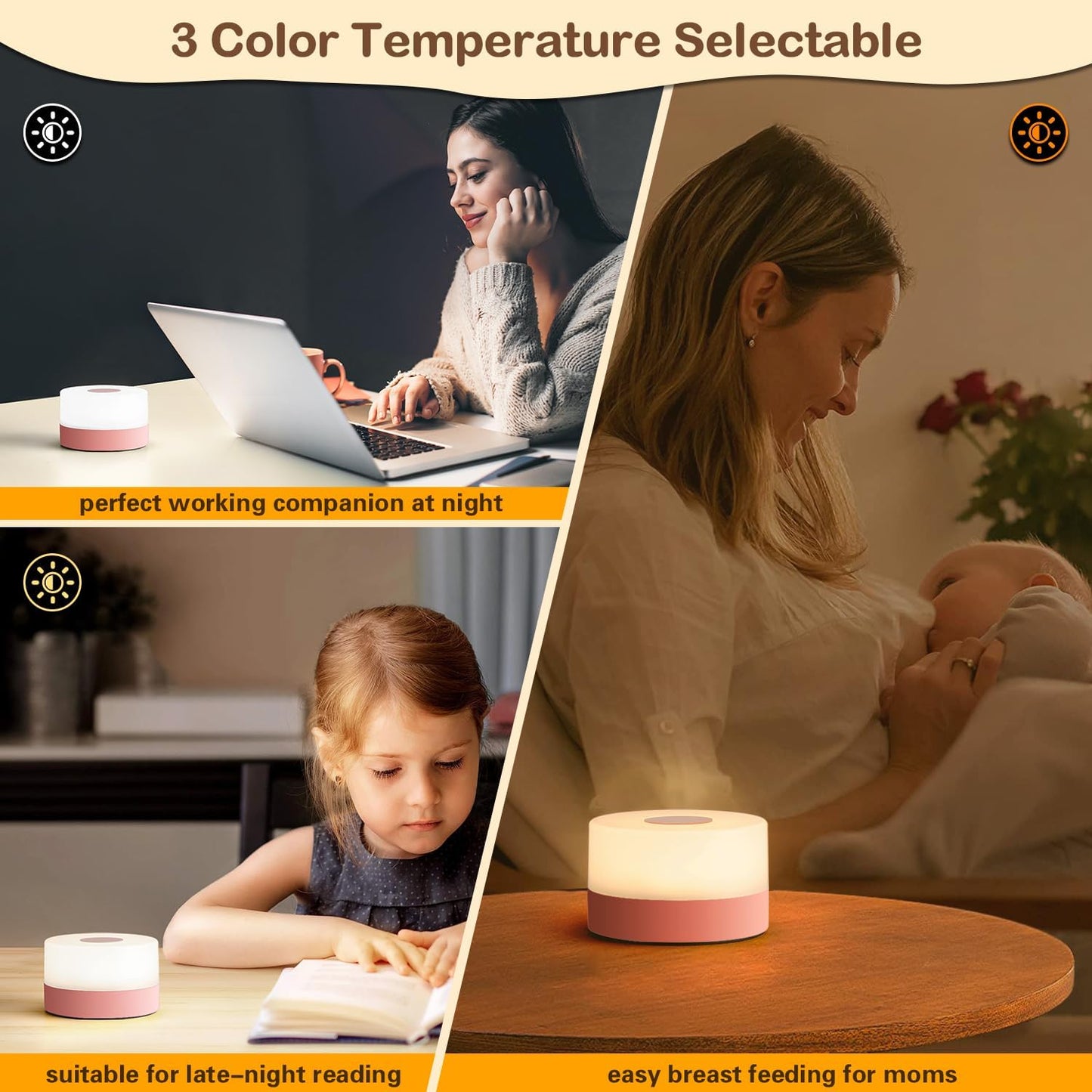 JUSHENG Night Light for Baby Nursery, Rechargeable LED Touch Light with 3CCT & Stepless Dimming Function, Portable Bedside Lamp Tap Lights Battery Powered for Breastfeeding, Kids, Nightstand-Pink