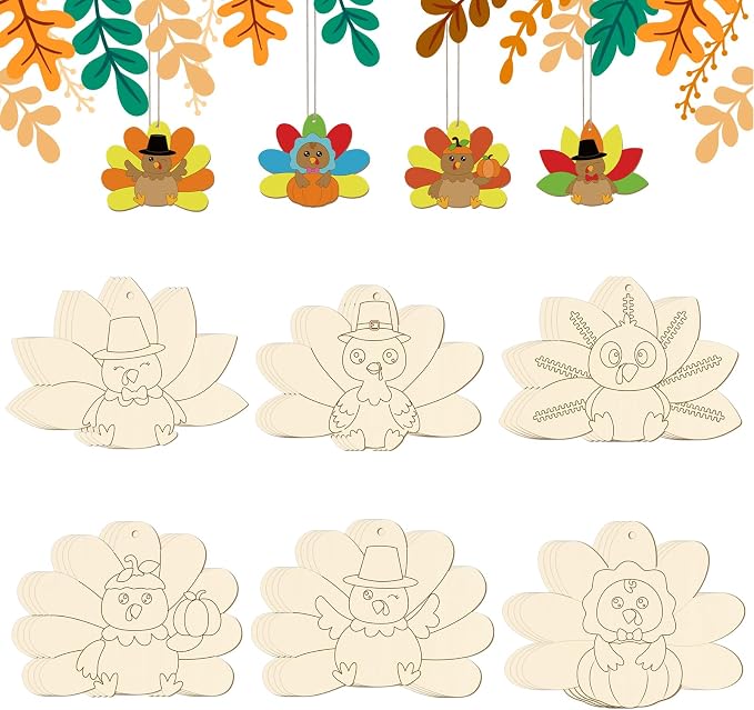 24 PCS Unfinished Wooden Thanksgiving Crafts, Turkey Shaped Hanging Ornaments