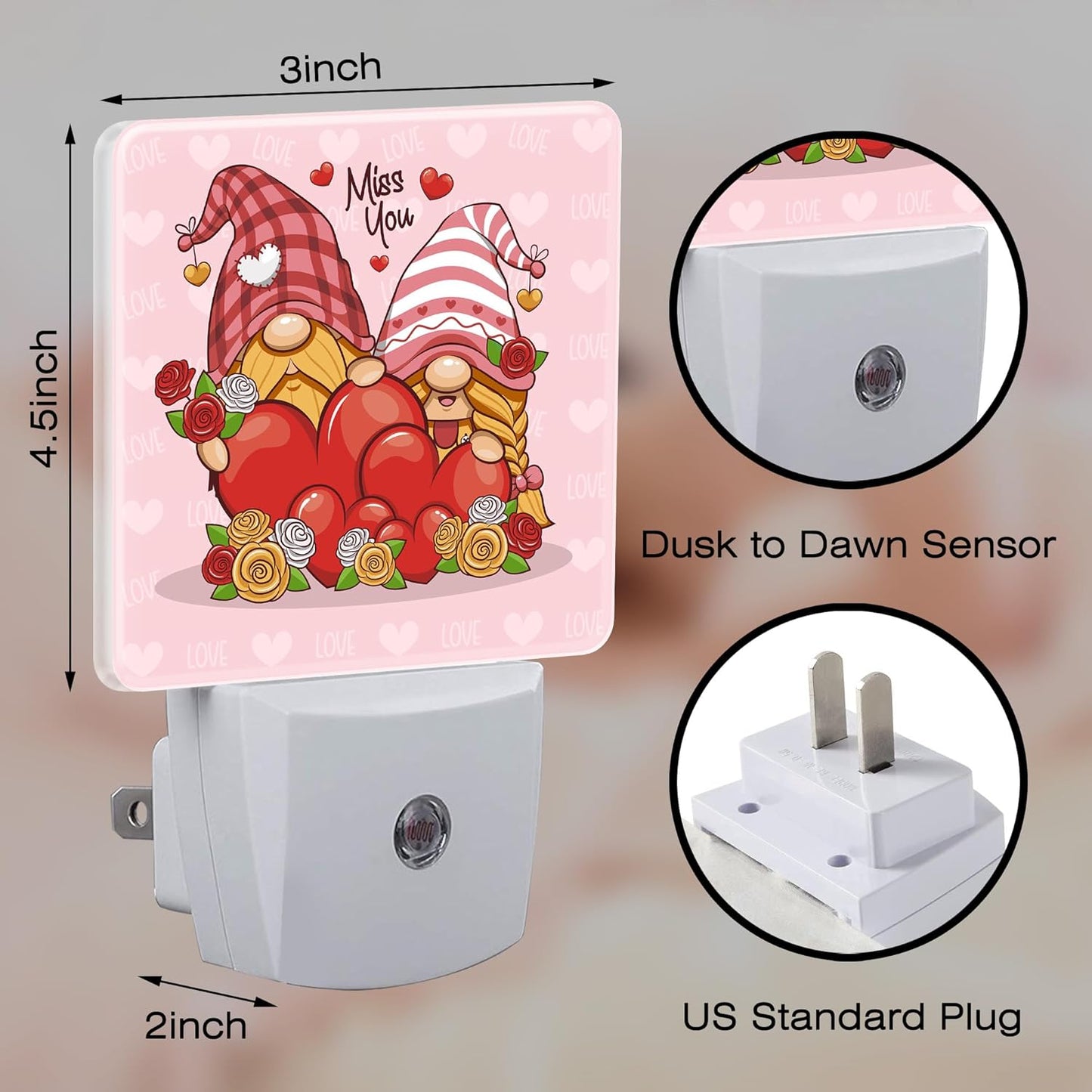 Valentine's Day Gnome Couple Night Light for Kids, Gnomes with Love Red Hearts Night Light Plug in with Dusk to Dawn Sensor,0.5w Energy Saving Nightlight for Hallway Stairway Kitchen Bedroom