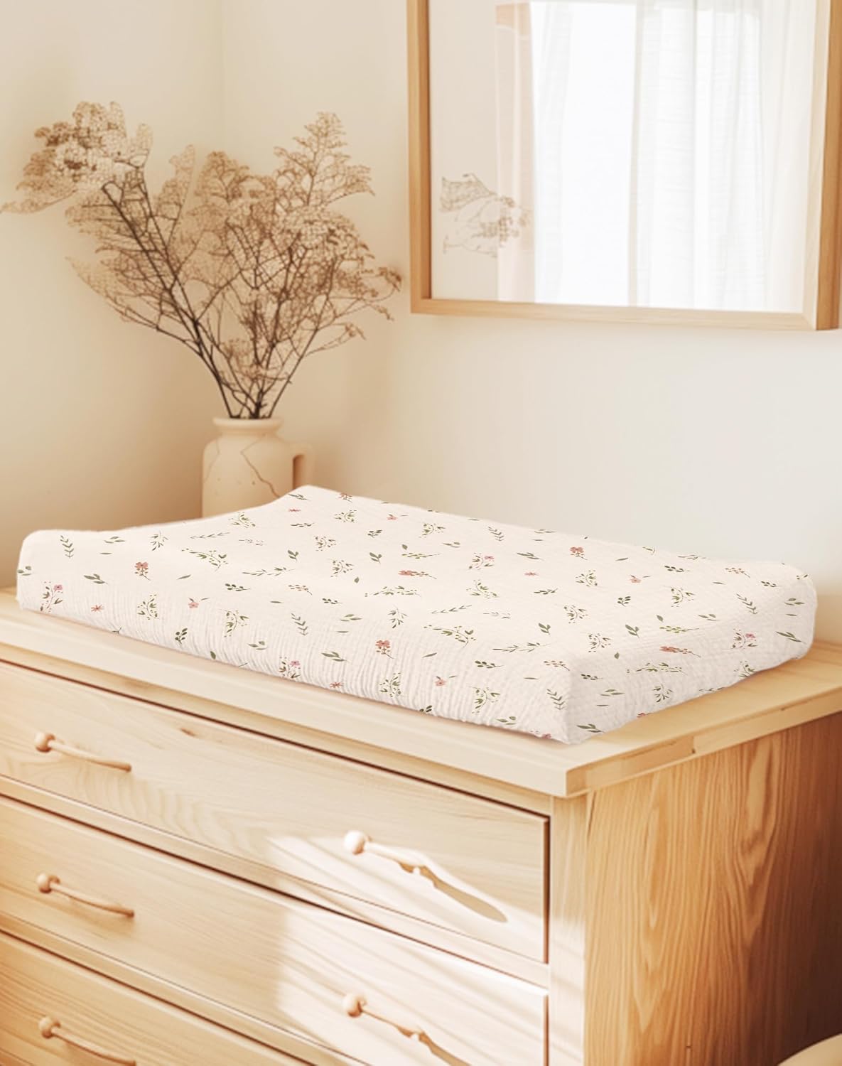 Changing Pad Cover for Baby Boy Girl 2 Pack, Muslin Changing Table Pad Covers with Boho Style, Neutral Nursery Bedding Essentials Soft and Breathable(Petal Leaf & Pink)