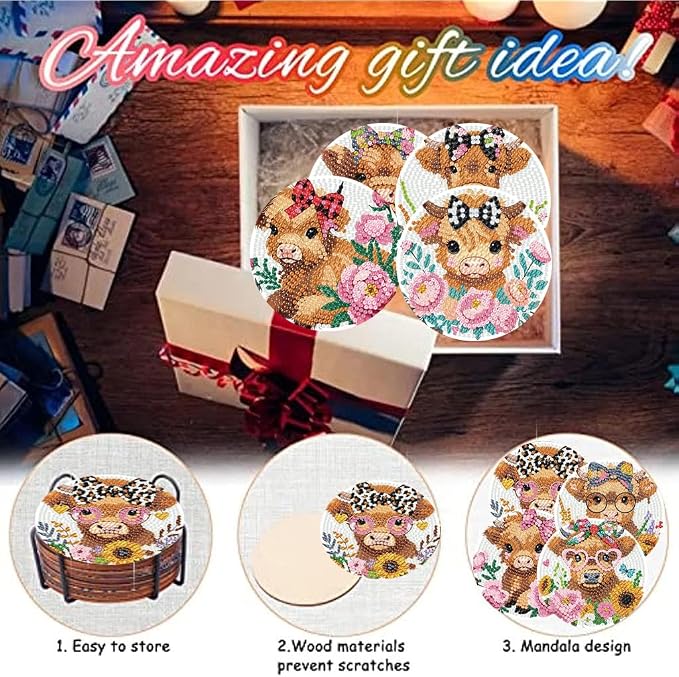 8 Pack Diamond Art Coasters, Highland Cow Diamond Painting Coasters Kits | Cow