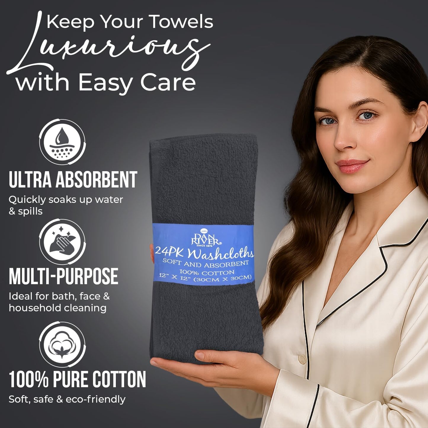 DAN RIVER 100% Cotton Wash Cloths 24 Pack [12x12] Soft & Absorbent wash Rags for Bathroom, Gym, Hotels & Spa Perfect for Everyday Use Fingertip Towels, Dark Gray