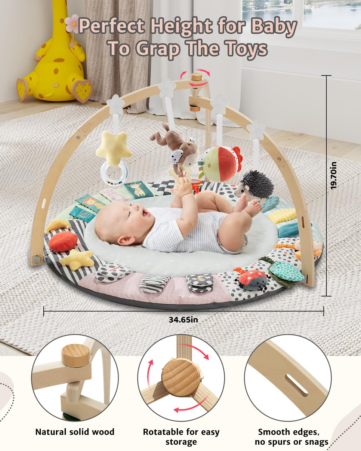 Baby Play Mat Activity Gym,6 Developmental Zones Tummy Time Mat, Foldable Wooden Baby Play Gym with 7 Detachable Sensory Toys for Newborn Brain Development, Essential Baby Shower Set