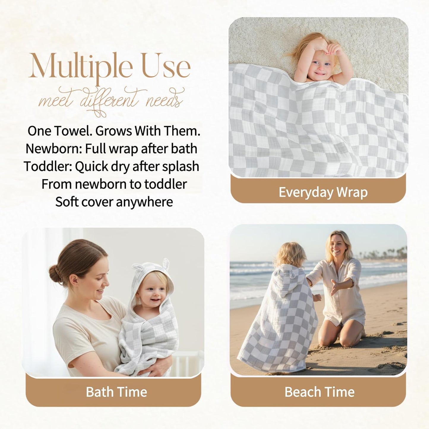 Ultra-Soft Muslin Baby Hooded Towel - 55 x 28 Inches, Ideal for Bath & Beach, Suitable for Both Boys & Girls from Newborns to Toddlers