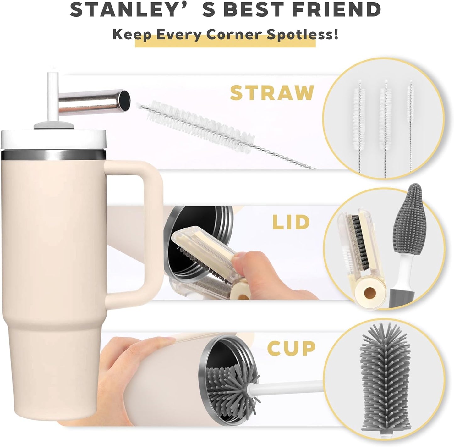 Sosmar 6 Pack Water Bottle Cleaner, Stanley Cup Cleaner Brush Kit with Long Silicone Bottle Brush, 3 Size Straw Cleaner Brush, 4 in 1 Bottle Gap Cleaner for Tumbler, Sports Water Bottle