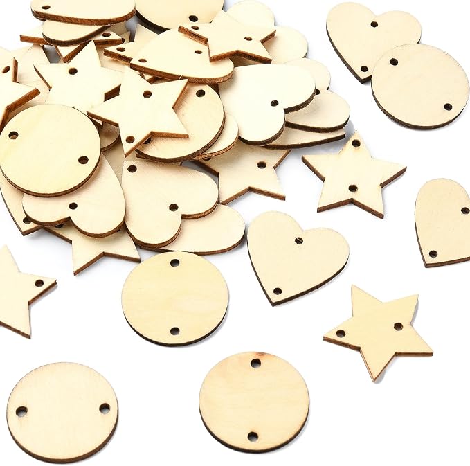 180 pcs 3 Styles Heart Star Theme Unfinished Wood Cutout Charms Flat Round
