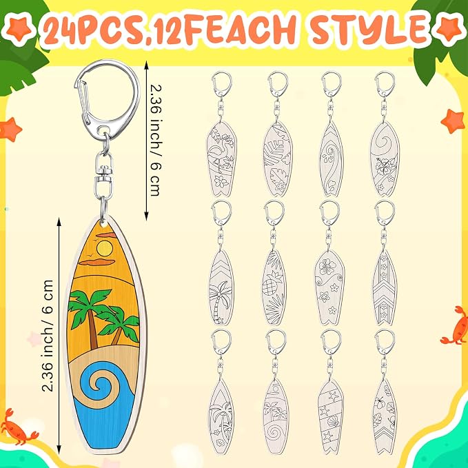 RattanView 24 Pcs Surfboard Craft Color Your Own Keychains Diy Craft Wooden