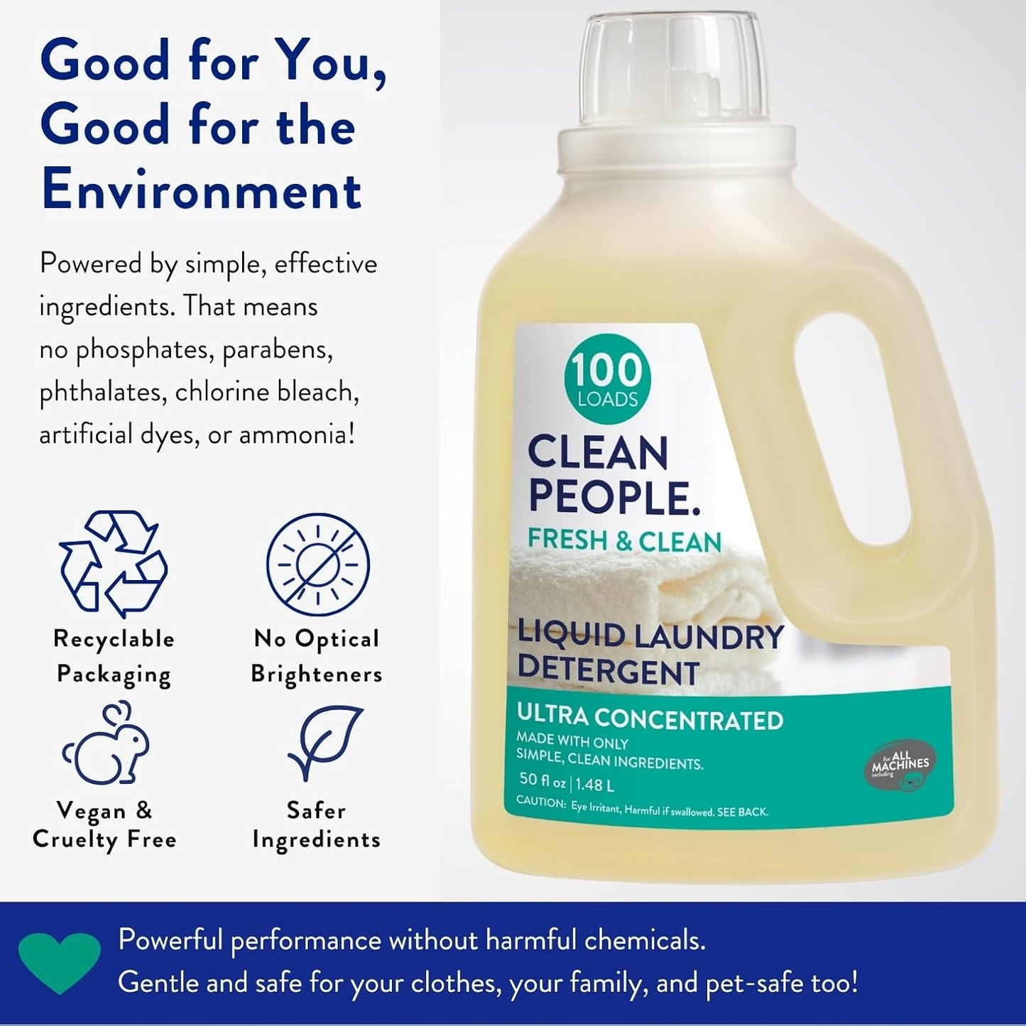 The Clean People Liquid Laundry Detergent - Recyclable Packaging, Stain Fighting - Ultra Concentrated, Laundry Soap - Fresh Scent, 50 fl oz