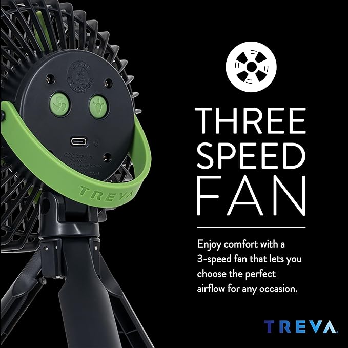 Treva 5 Inch Tripod Fan with Built-In Light and Attachable Phone Mount, Rechargeable 3-Speed Mini Fan with Handle for Travel, Camping, Outdoors