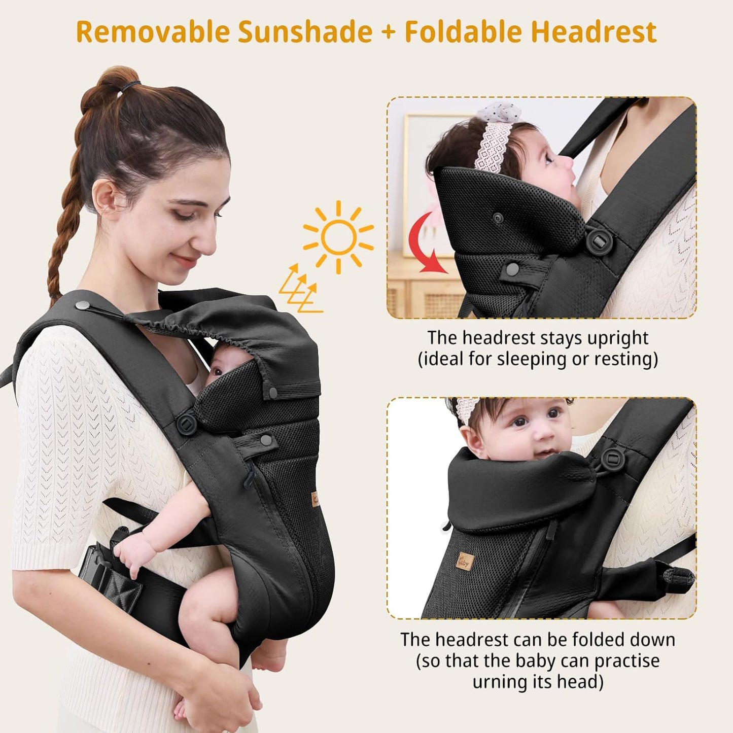 CUBY Newborn Baby Carrier with Head Support and Sunshield, Breathable & Easy Adjustable Newborn Toddler Front Baby Carriers Sling,Hands-Free Newborn Carrier up to 40lbs(Black,Upgraded-with Waist Belt)