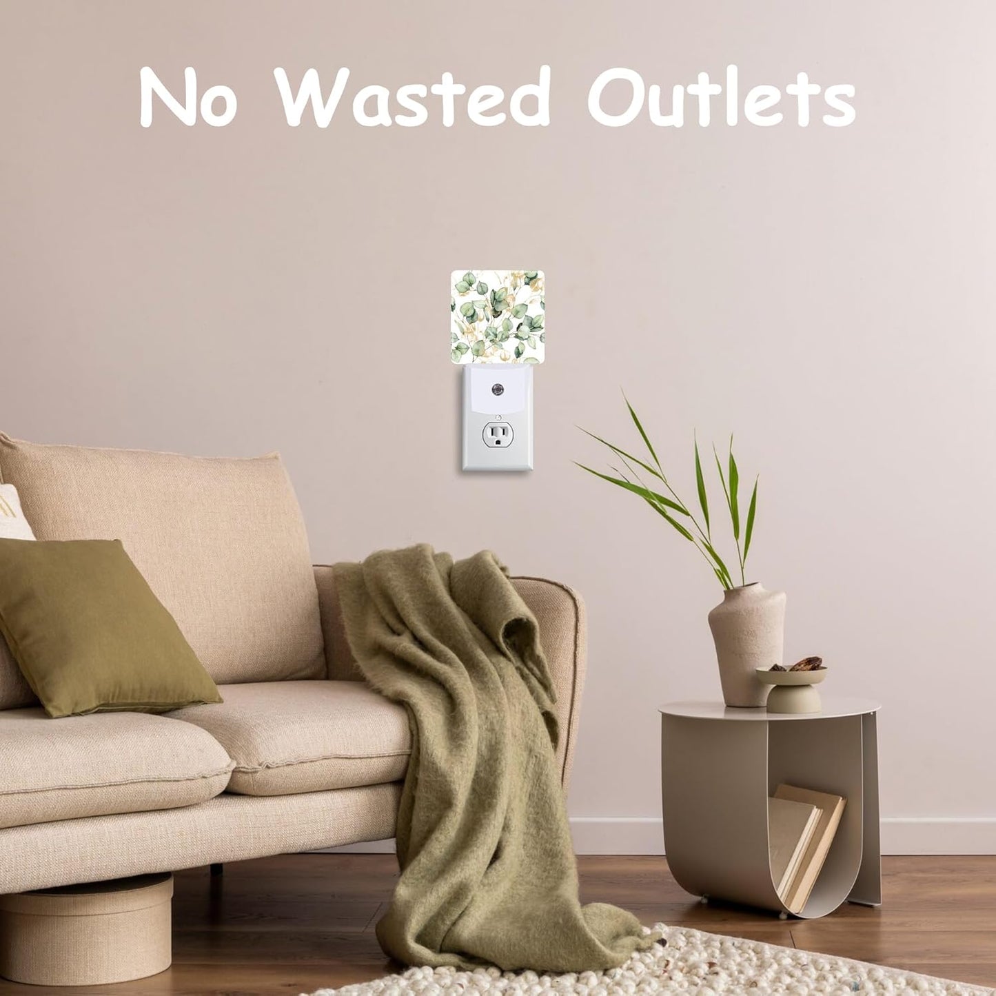 Night Light,Watercolor Eucalyptus Leaf Plug-in Night Light Auto Dusk-to-Dawn Sensor Gold and Green Leaves Energy Efficient LED Lamp for Room Decor,Hallway,Kitchen,Bathroom,Nursery,Stairs