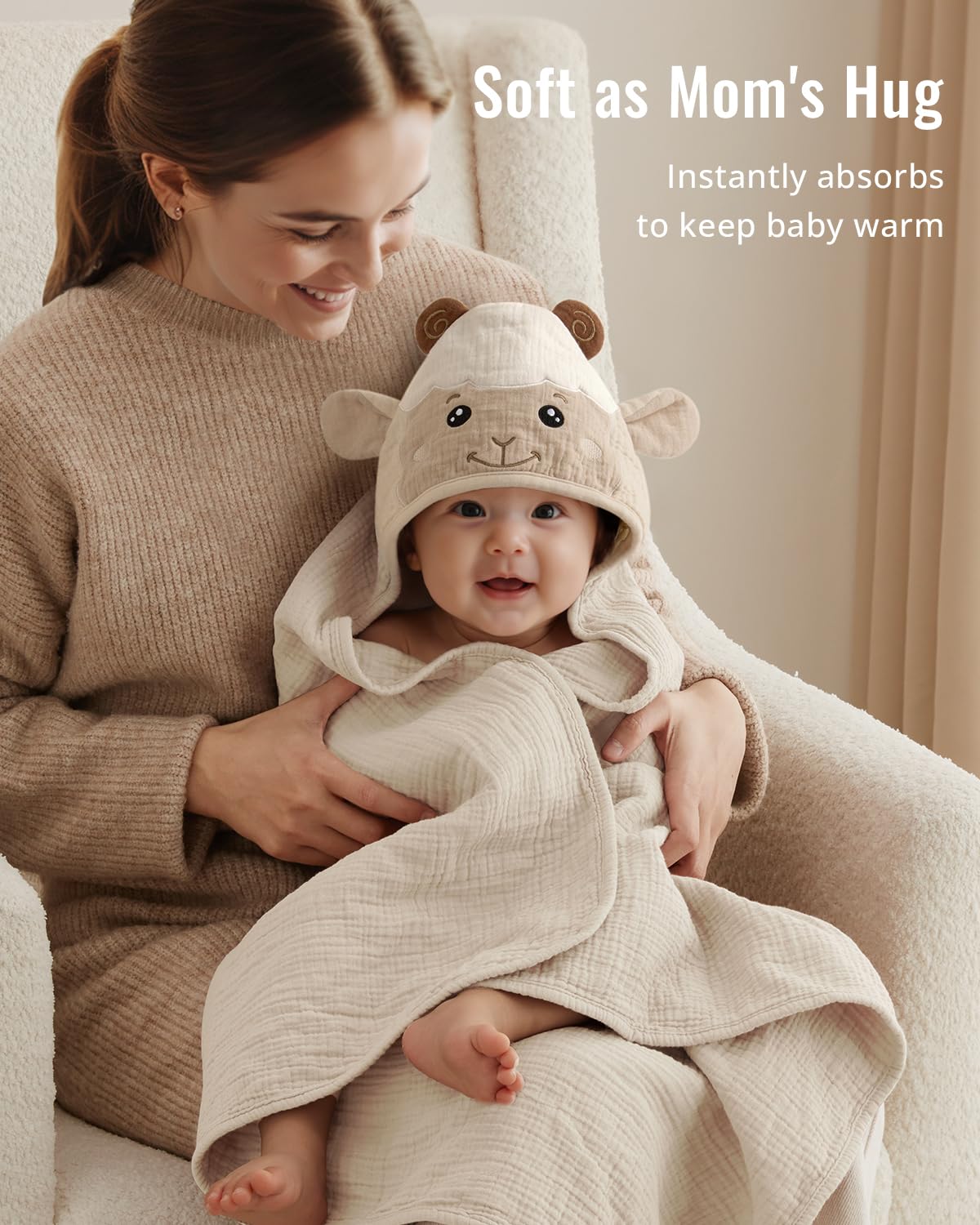 Blissful Diary Muslin Baby Hooded Towel 1 Pack, Soft & Absorbent Bath Towel for Infant, Toddler, Unisex, Baby Gift, Newborn Essentials, Gentle Lamb