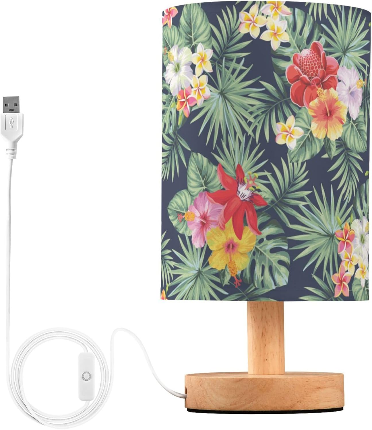 Table Lamp Tropical Palm Leaves Hibiscus Plumeria Flower Nightstand Lamp with Wood Base Fabric Lamp Shade Bedside Desk Lamp for Living Room Bedroom Kids Room Office