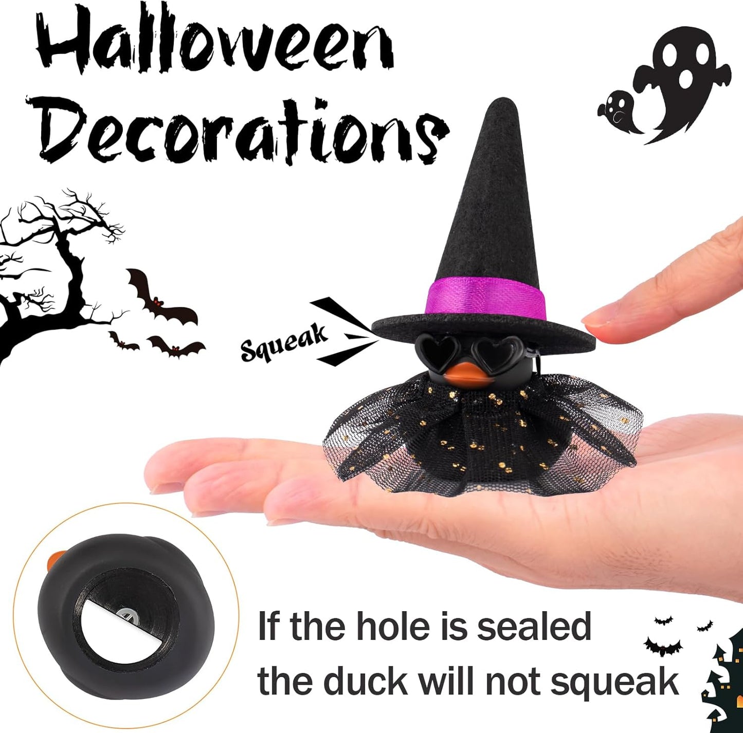 wonuu Car Dashboard Witch Black Rubber Ducks for Halloween, Decorations Duck for Office Desk Ornament Accessories with Hat Glasses Skirt, Black
