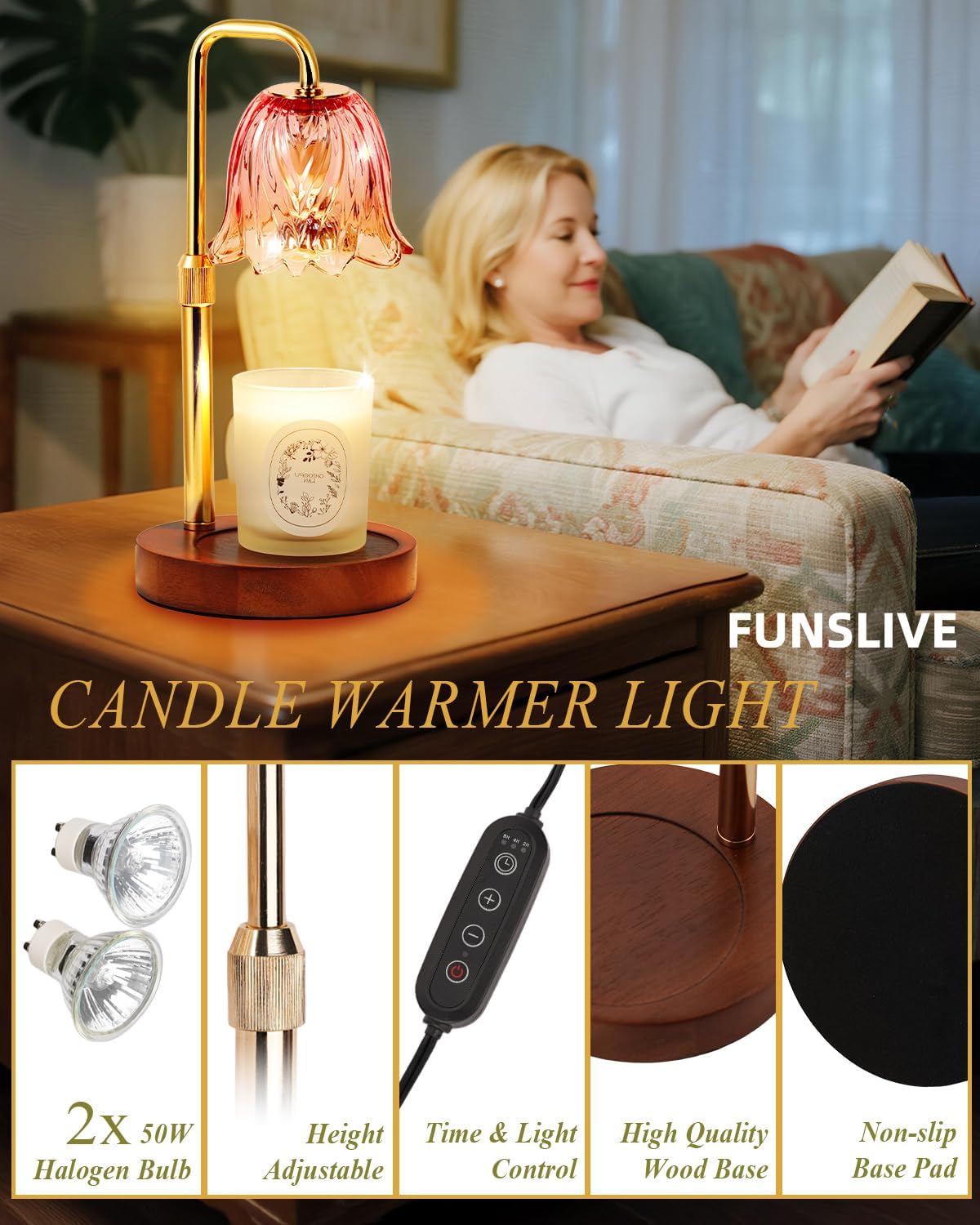 Flower Candle Warmer Lamp with Timer Dimmable,Candle Warming Lamp Height Adjustable,Candles Warmer Light for Jar Candles,Christmas Gifts for Women,House Warming Gifts New Home Decor
