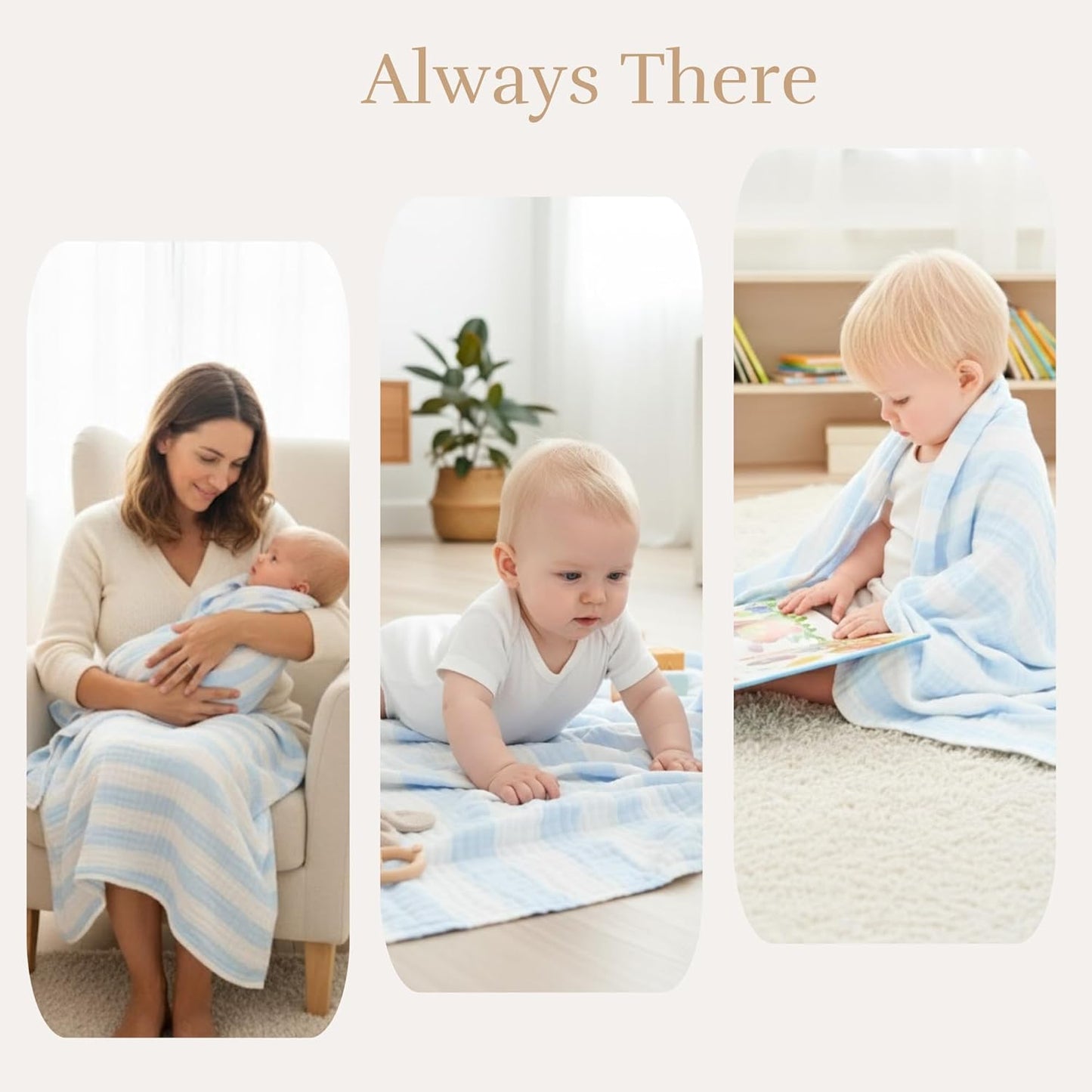 Muslin Baby Bath Towel Set, 2 Large Gauze Super Soft Baby Bath Towel and 3 Washcloths, 6 Layers 100% Cotton Infant Towel Newborn Towel Blanket Suitable for Baby's Delicate Skin(Bule)