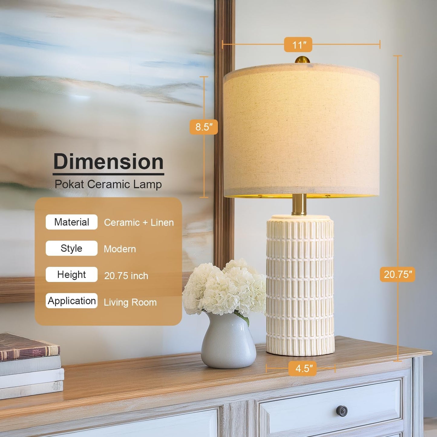 PoKat 20.75" Small Modern Ceramic Table Lamps Set of 2 for Bedroom, White Bedside Lamps for Night Stands, Farmhouse Desk Decor Nightstand Table Lamps for Living Room End Table Beige