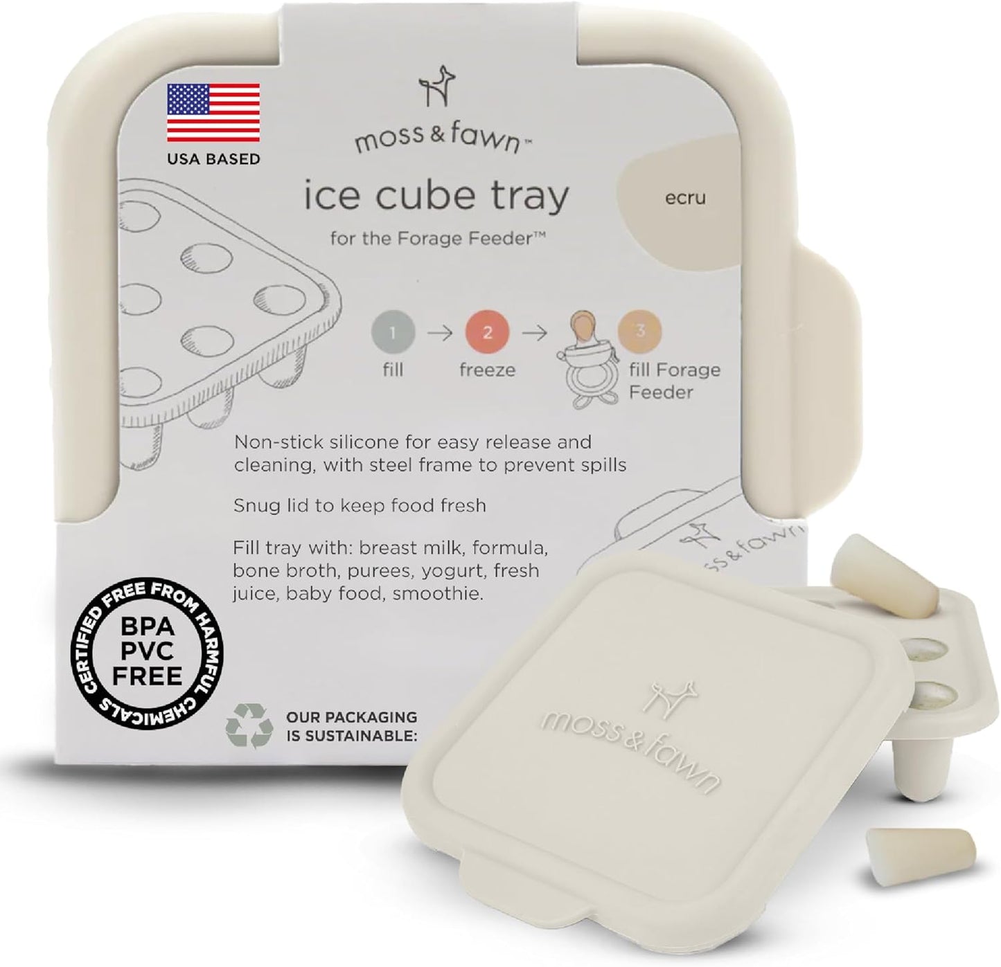 Moss and Fawn Ice Cube Tray - Forage Feeder Freezer & Teething Popsicle Mold for Breast Milk, Formula, Bone Broth, Purees, & Baby Food - BPA, Lead, & PVC-Free - Ecru