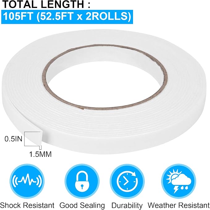 Double Sided Foam Tape 0.5In x 52.5FT 2 Pack, Mounting Tape Heavy Duty