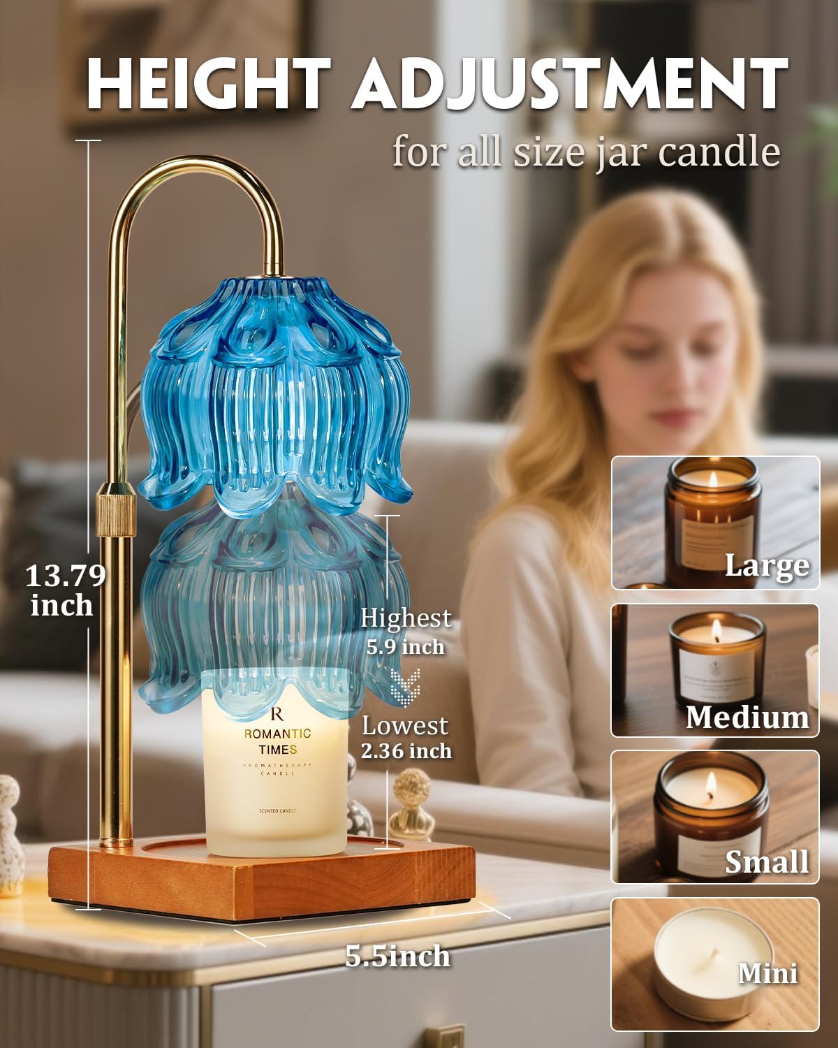 Blue Candle Warmer Lamp with Timer Dimmable, Adjustable Height Gifts for Women Mom Birthday Christmas, House Warming Gifts New Home Bedroom Decor, Lotus Flower Candle Lamp Warmer for Jar Candle