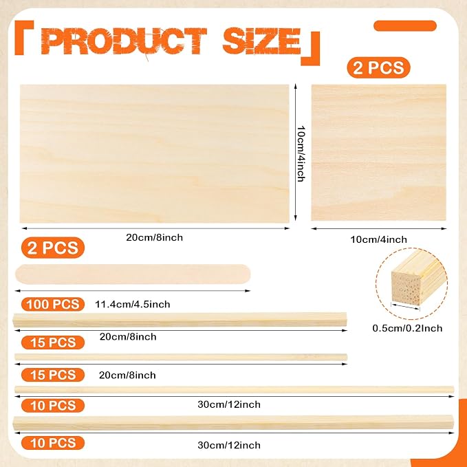 Natural Wood Craft Wood Square Dowel Rods Basswood Sheets Smooth Popsicle Art