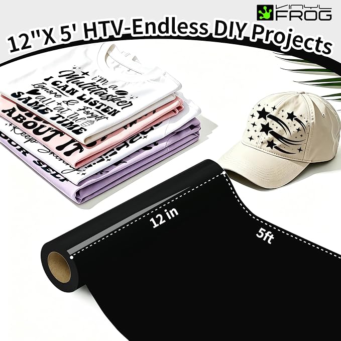 VINYL FROG Black Heat Transfer Vinyl Roll 12" x5ft Matte HTV Vinyl | Black Iron